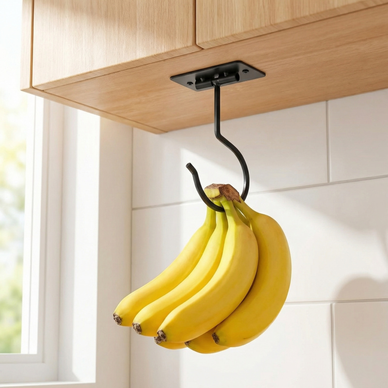 Kitchen Appliances Organizer - Black Metal Self-Adhesive Banana Hook Foldable